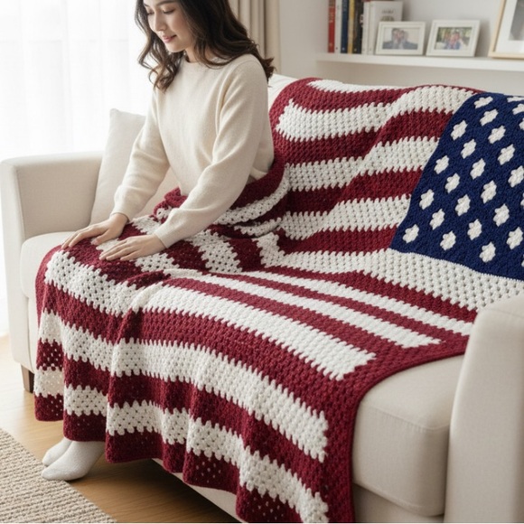 Other - Handmade Patriotic Red, White, and Blue Crochet afghan Blanket 75”x52” roughly.